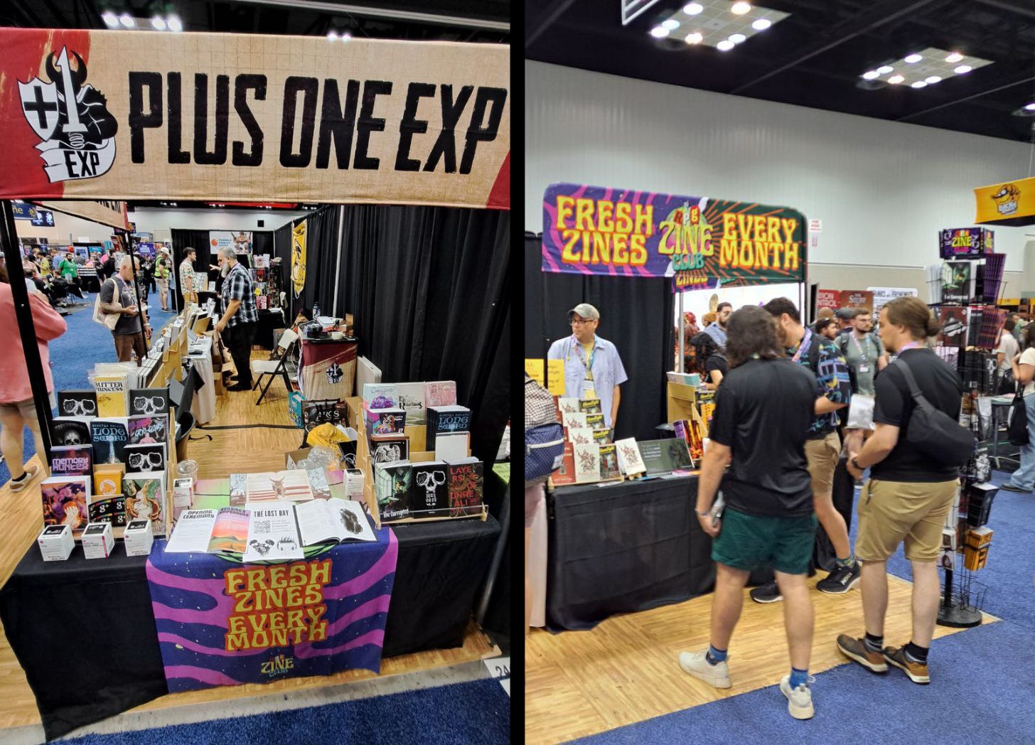 Two photos of the PlusOne EXP booth. Zine racks and zine displays under Zine Month banners.