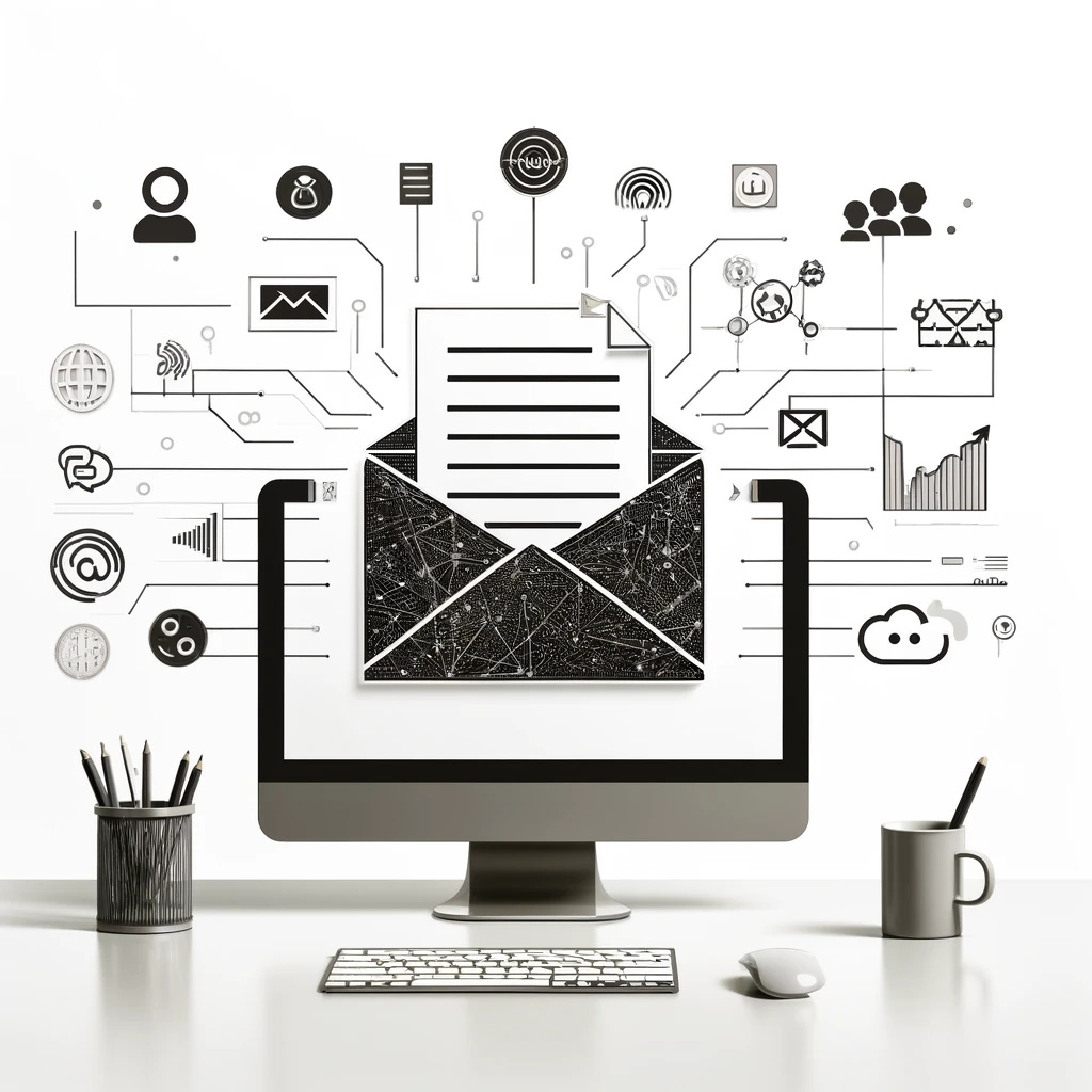 A minimalist illustration on a white background, featuring a modern office setup with a computer displaying an email application on the screen. The design includes black and gray digital icons representing artificial intelligence elements like neural networks, data analytics, and personalized content suggestions. This drawing aims to visually represent the integration of AI in email marketing, emphasizing the technology's role in enhancing communication strategies.