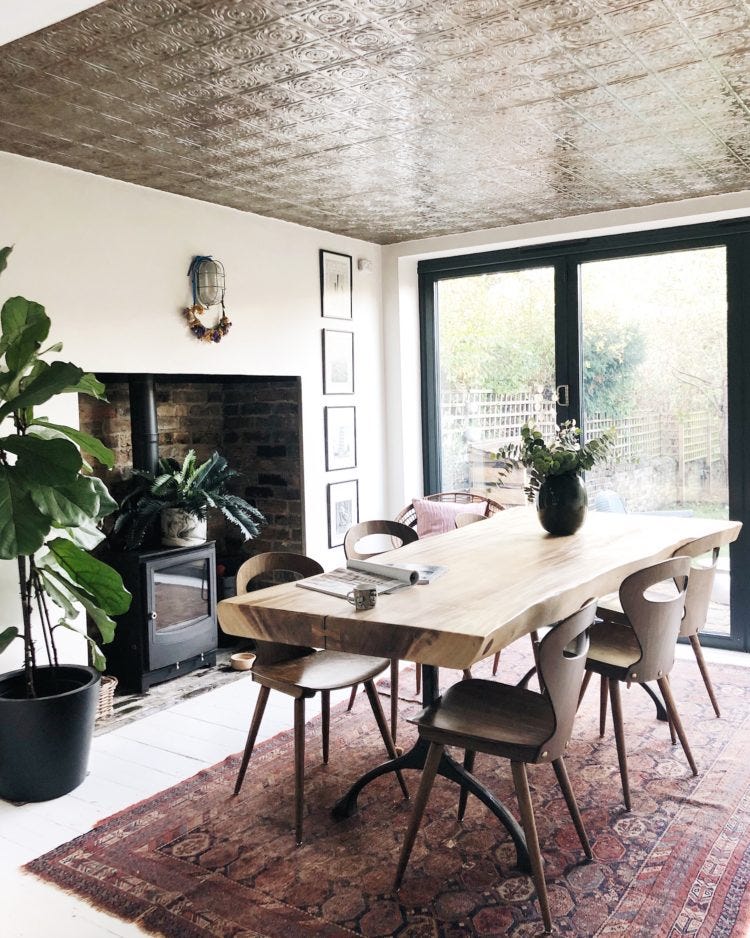 Kate Watson-Smyth seeks out her top ten vintage shops and top tips for buying vintage. Her wooden kitchen chairs were found on eBay and fit her wooden dining table perfectly. #vintage #madaboutthehouse.com #dining