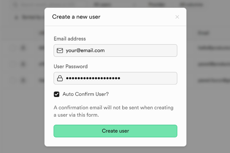 log in to Supabase > Your project > Authentication and create a new user with e-mail authentication
