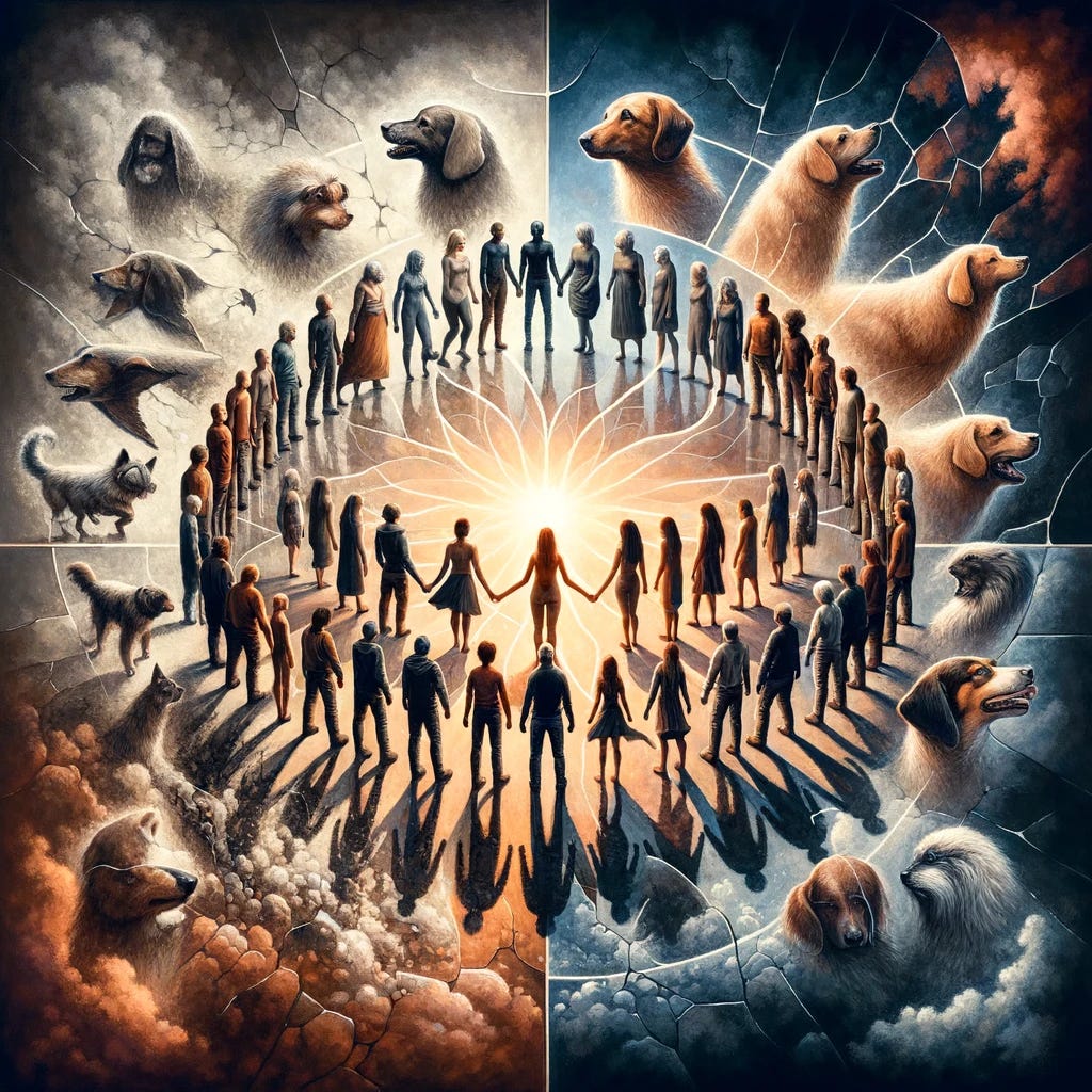 An image that closely mirrors the previous one in theme and composition but includes a more racially diverse group of people standing in a circle, symbolizing unity and ingroup love. Each individual should exhibit traits of both cooperation and competition, reflecting the complex nature of human evolution. The background should still feature faint images of domesticated animals, like dogs, to allude to the theory of self-domestication, and contrasting elements such as a fractured mirror or shadowy figures to signify underlying conflicts and the darker aspects of human nature. The image should evoke a thought-provoking and engaging mood, with a focus on the warmth of human connection amidst the evolutionary history of competition and conflict.