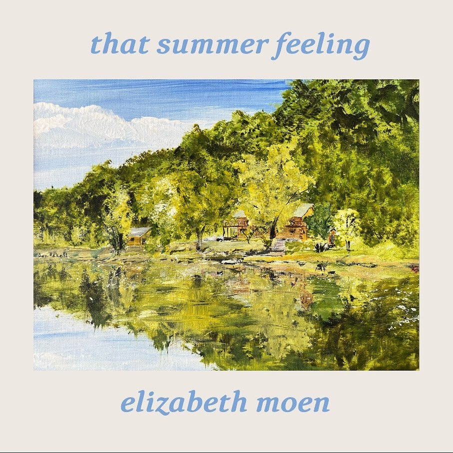 Cover art for That Summer Feeling single, a painting of a lake with verdant trees on its horizon and a cabin nestled among them, with a blue sky background, the painting is placed on beige background with blue text.