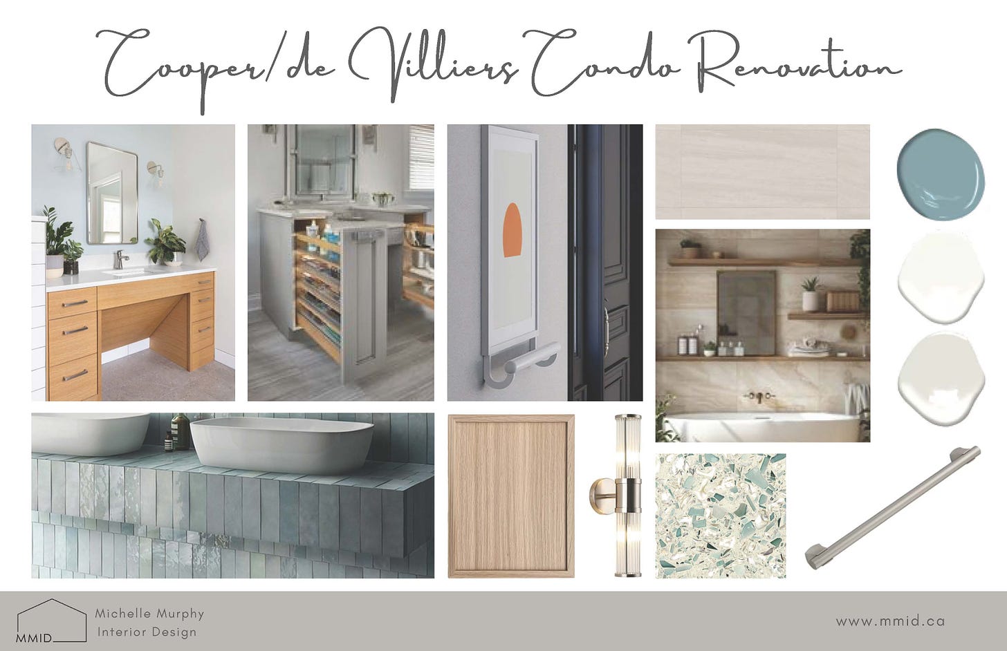 Text: Cooper/de Villiers Condo Renovation. A selection of photos highlight elements of a bathroom renovation with a cut out sink cabinet for a wheelchair, light blue tiles and light grey paint colour.