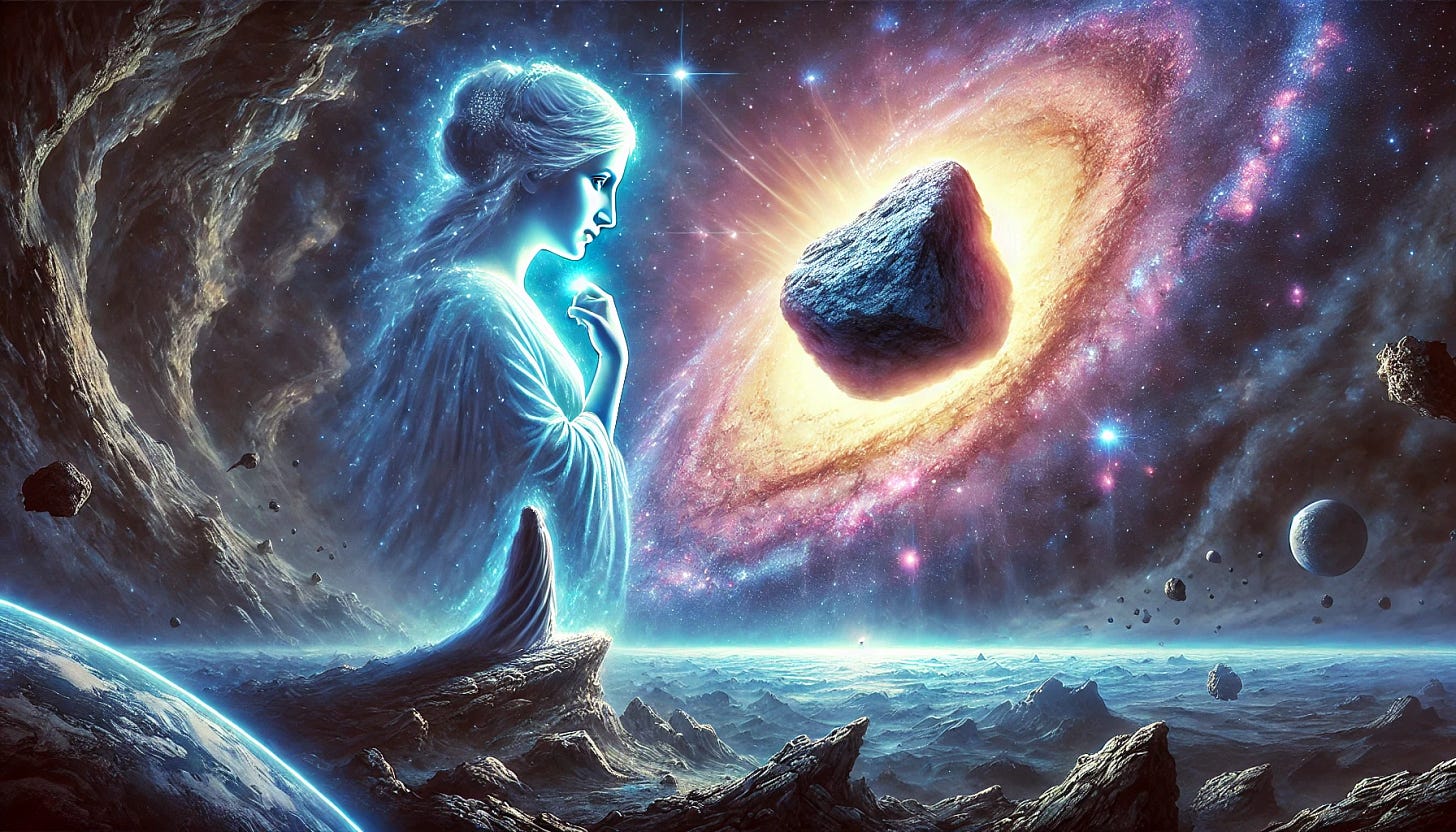 A surreal and philosophical depiction of the classic paradox: 'Can God create a rock so big that She can't move it?' The image shows a vast cosmic landscape with a divine, ethereal female figure, radiating celestial light, gazing at an impossibly massive rock suspended in space. The rock is glowing with mystical energy, symbolizing its paradoxical nature. The goddess has an expression of contemplation, as if pondering the limits of omnipotence. The scene is awe-inspiring, blending elements of divine majesty and philosophical irony.