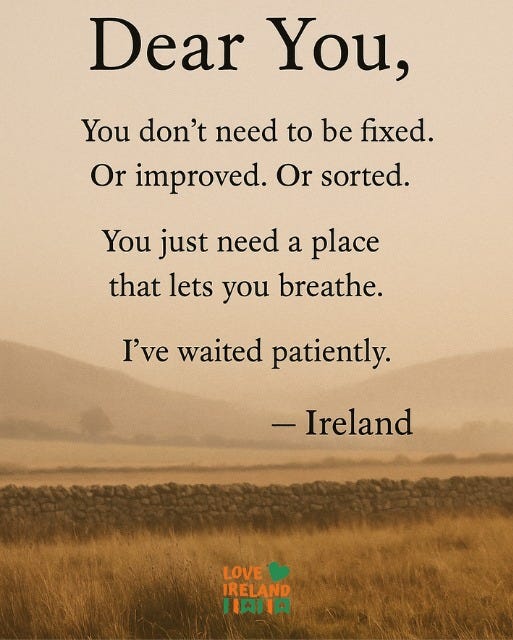 May be an image of poster and text that says "Dear You, You don't need to be fixed. Or improved. Or sorted. You just need a place that lets you breathe. I've waited patiently. -Ireland LOVE IRELAND HAII肉 IRELAND"
