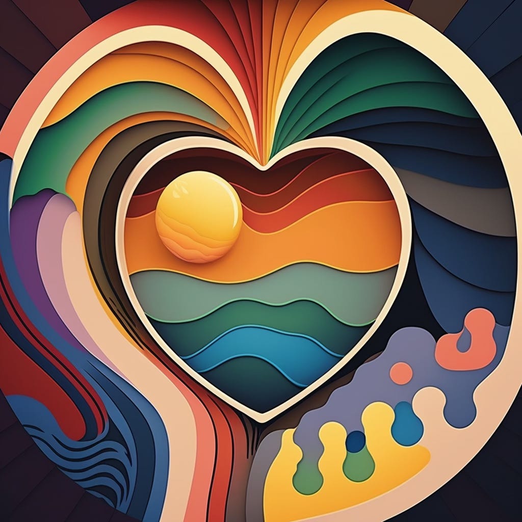 Digital art depicting a stylized heart shape outlined in white, centered against a dark background. The heart is formed by concentric layers of rainbow colors, each layer representing a different hue and creating a 3D effect. A small, bright yellow sphere rests at the center of the heart. The background features swirling patterns and abstract shapes in various colors, adding to the dynamic and psychedelic feel of the image.