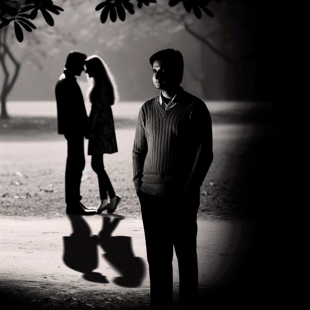 A somber scene depicting a lonely man standing at a distance, his gaze fixed on a couple in the foreground. The couple is intimately holding hands, lost in their own world, while the solitary man is enveloped in shadows, highlighting his isolation. The setting is a serene park with soft evening light casting long shadows, adding a melancholic atmosphere to the image. The contrast between the man's solitude and the couple's togetherness is stark, emphasizing the theme of longing and unfulfilled desires.