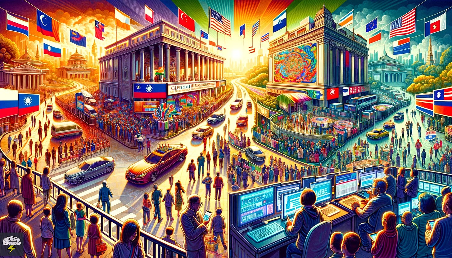 Vibrant illustration showcasing the global diversity of the 2024 election season. The scene is a colorful collage of various countries' election atmospheres: a bustling Indian voting center brimming with voters, representing the largest democratic exercise; a lively Taiwanese street adorned with banners, capturing the anticipation of their crucial election; and a somber Russian voting station, illustrating the concept of 'electoral autocracy'. In the foreground, individuals engage with high-tech screens, navigating through a sea of information and misinformation, symbolic of the challenges posed by AI-generated fake news. The composition is rich in color and detail, drawing the viewer into the narrative of international politics and the collective action of voting.