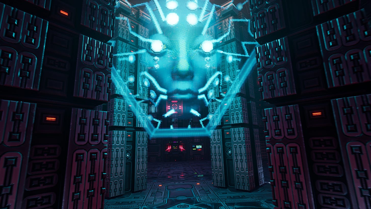 A screenshot of the game System Shock in its remake version of 2023. It shows the circle of hardware around the AI SHODAN in its holographic blue form.