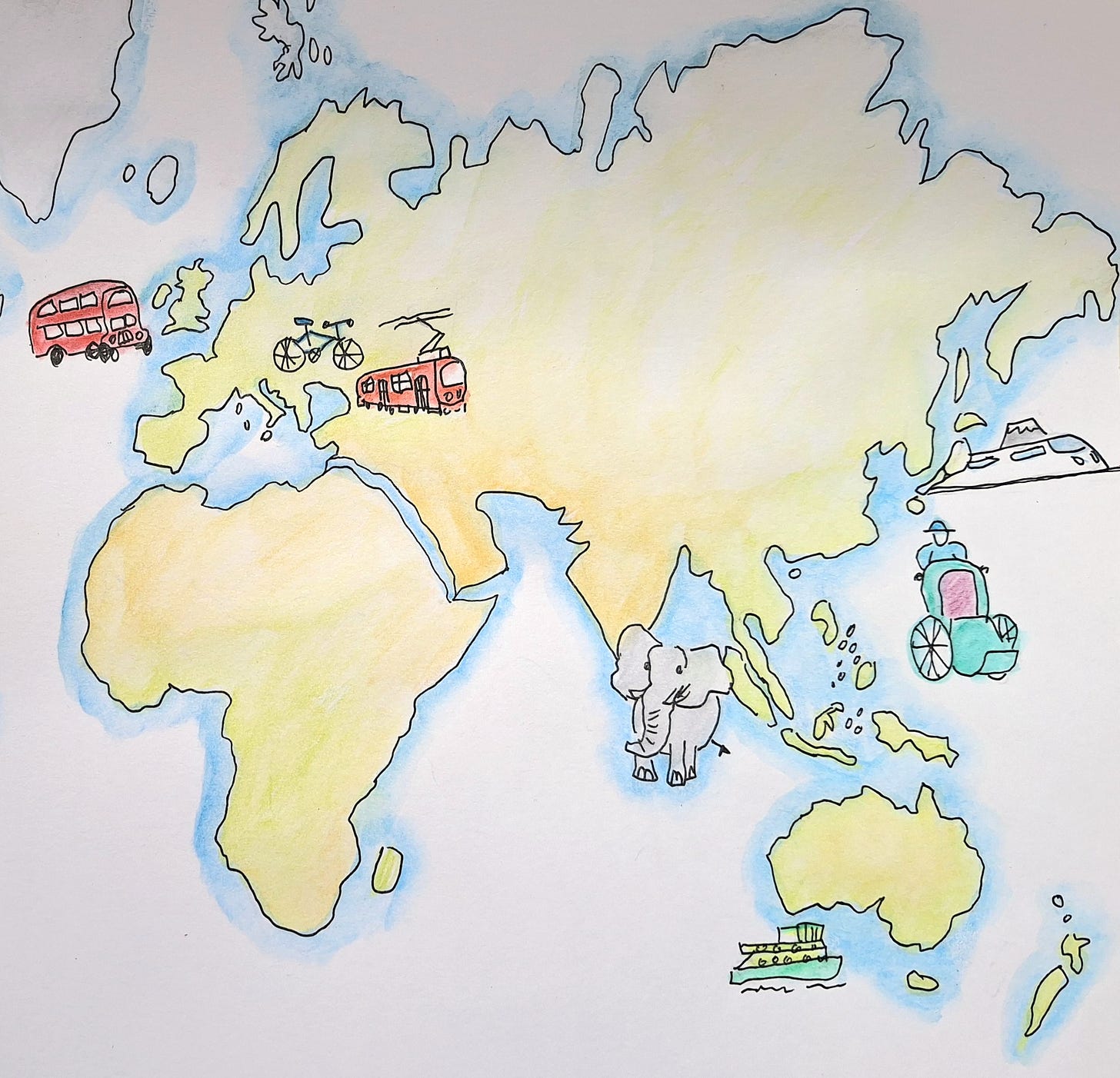 Cartoon map of Europe and Asia in pen and watercolour pencil.  Illustrated with icons of a double-decker bus, bicycle, tram, elephant, ferry, cyclo and shinkansen train.