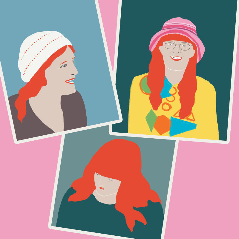 colourful vector illustration showing three 'photos' of a red-haired woman. Illustrated by Tasha Goddard.