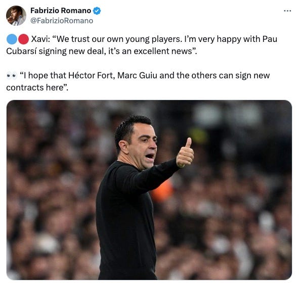 A tweet from Fabrizio Romano featuring quotes from Xavi
