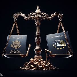 Scales of Justice with an executive order from the last US president on one side and the European Parliament Proposal for AI on the other. . Image 2 of 4