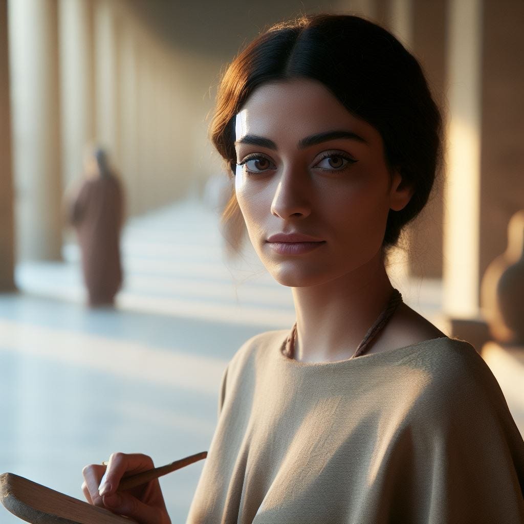 Portrait of a Sumerian woman in her late twenties, not beautiful, standing inside the Temple of Nanna in Ur. She has observant eyes, dark hair pulled back, and is dressed in simple yet elegant Sumerian attire. She holds a clay tablet and stylus, symbols of her status as a scribe. early morning light.