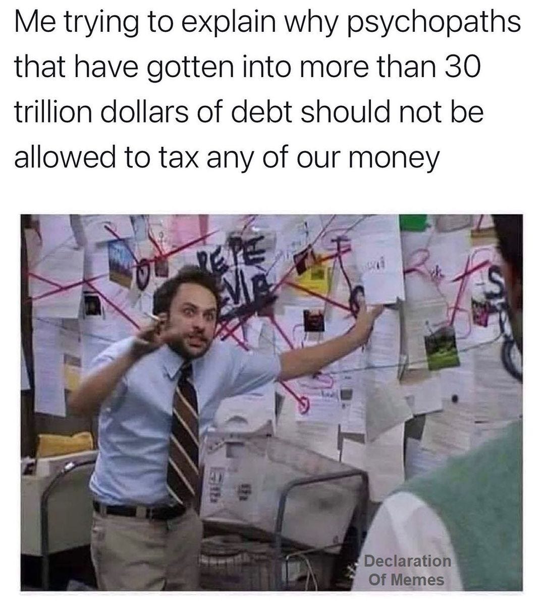 May be an image of 1 person and text that says 'Me trying to explain why psychopaths that have gotten into more than 30 trillion dollars of debt should not be allowed to tax any of our money Declaration Of Memes'