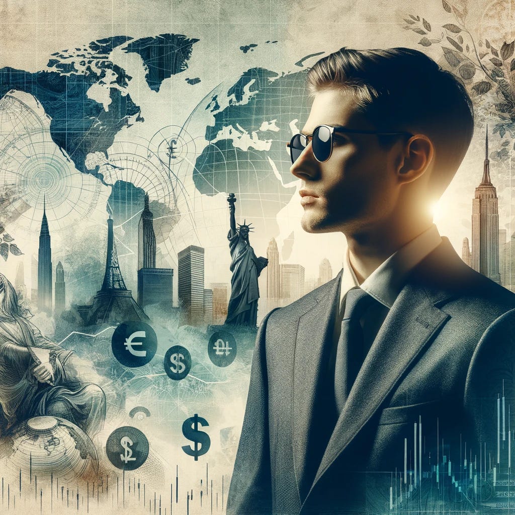 Adjust the previous image by creating a more subdued and less bright theme. The man, still in a suit with sunglasses, gazes at the world of international markets and trade. The background should have a more muted color palette, with softer tones. The global landmarks and symbols of commerce and trade, like the Eiffel Tower, Great Wall of China, and Statue of Liberty, currency symbols, and stock market graphs, should blend harmoniously in this less vibrant setting, conveying a sense of calm sophistication in the complex world of global finance and trade.