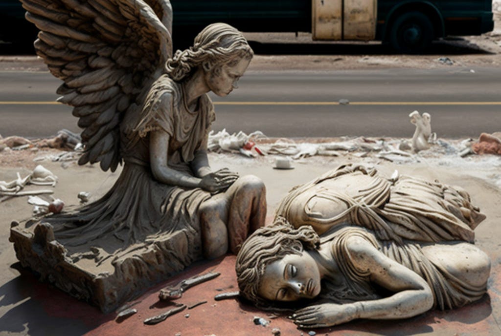 Broken statues of angels litter the sidewalk