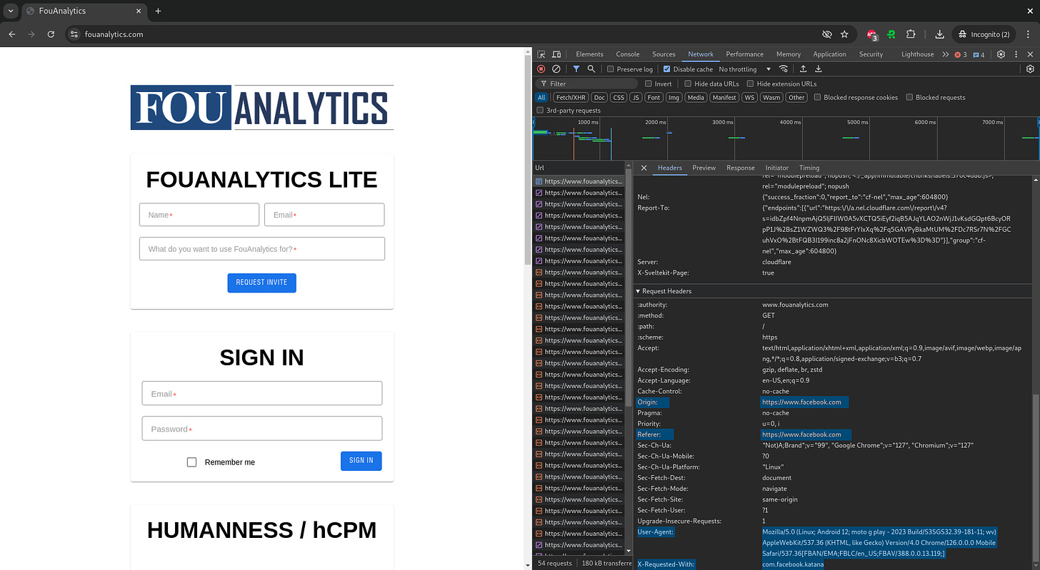 Figure 3: Screenshot of www . fouanalytics . com where the in blue highlighted HTTP headers have been modified by Requestl