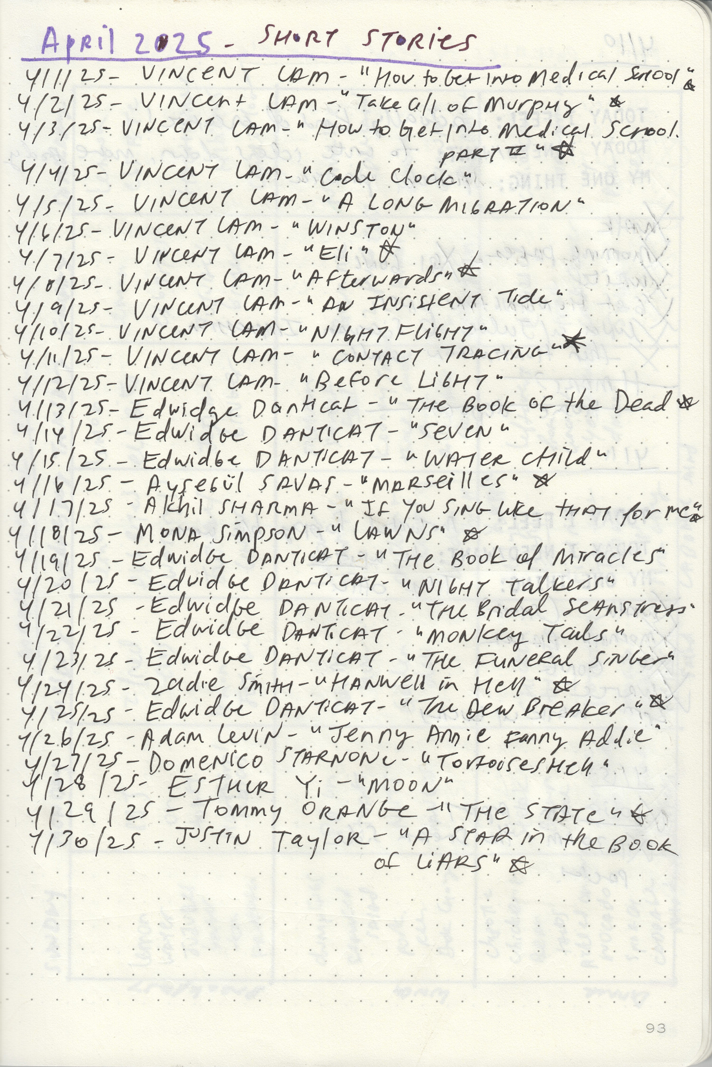 Handwritten list of stories read in April 2025