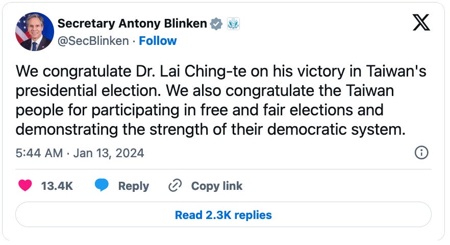 January 13, 2024 tweet from US Secretary of State Antony Blinken reading, "We congratulate Dr. Lai Ching-te on his victory in Taiwan's presidential election. We also congratulate the Taiwan people for participating in free and fair elections and demonstrating the strength of their democratic system."