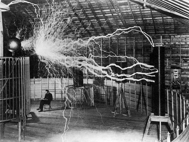bolts of electricity discharging in the lab of nikola tesla. - nikola tesla stock pictures, royalty-free photos & images