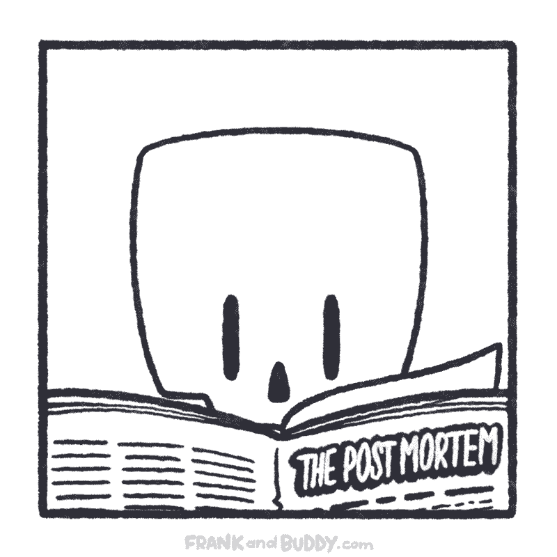 This animated webcomic shows the skeleton reading the newspaper intently. The newspaper is called The Post Mortem.