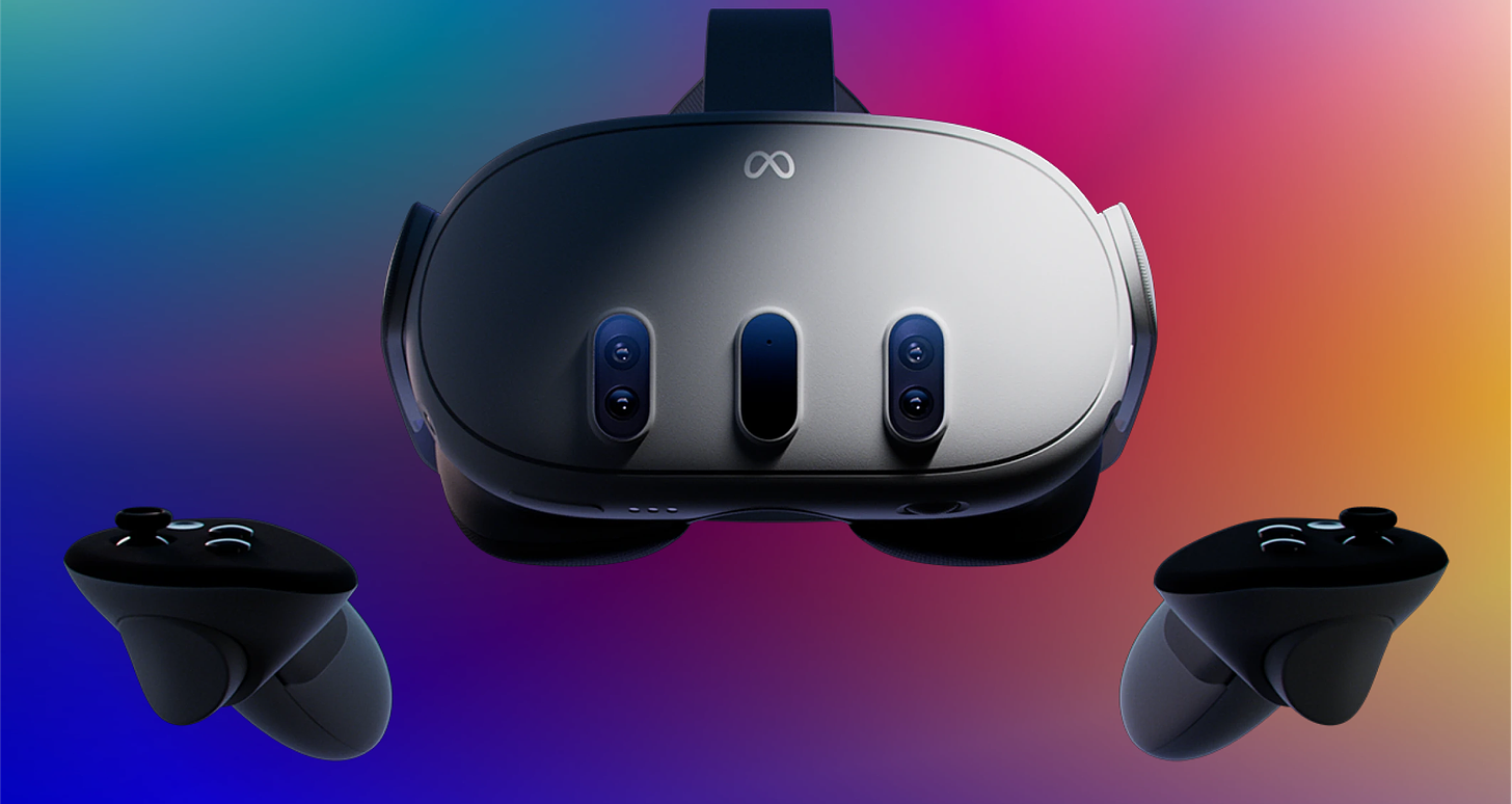 A dark grey Meta Quest 3 VR headset with two controllers on either side. The background is a rainbow gradient.