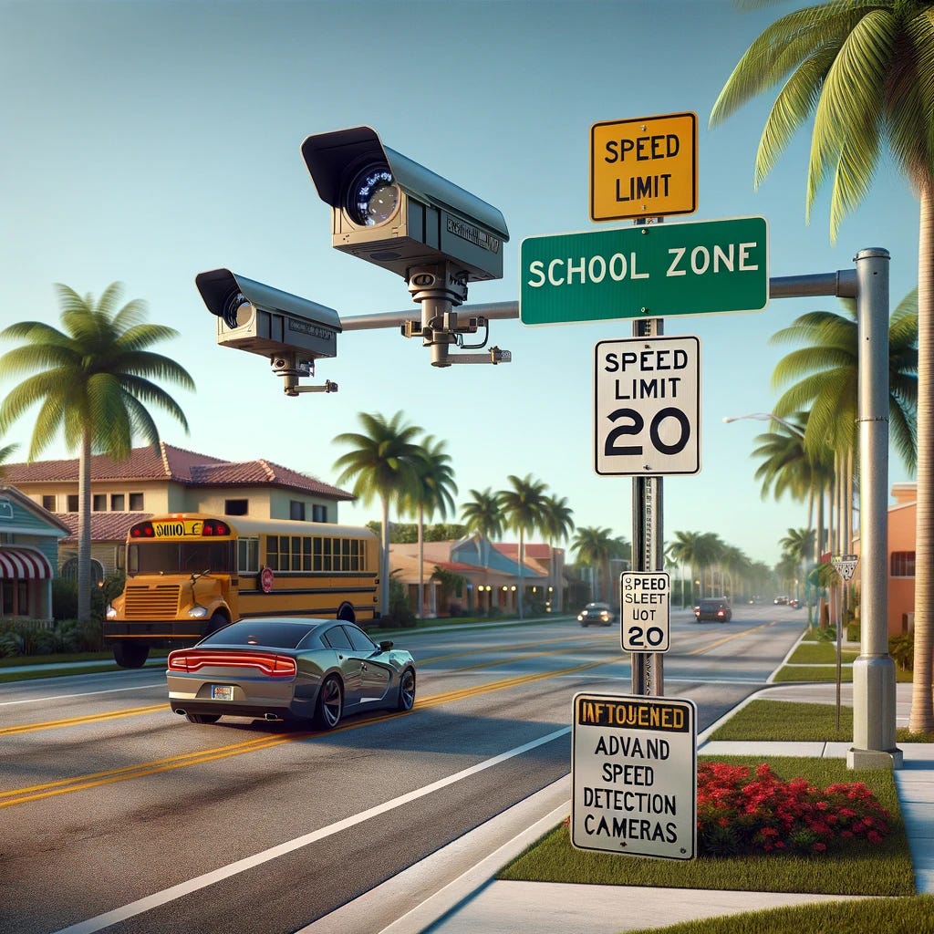 A photorealistic, high-definition image of a school zone in Palm Bay, focusing on the safety features. The scene should include a school zone with prominent speed limit signs and two advanced speed detection cameras pointing in different directions. The environment should reflect the Floridian setting, with palm trees and typical local architecture in the background. The image should convey a strong sense of safety and vigilance, highlighting the school zone's enhanced security measures.