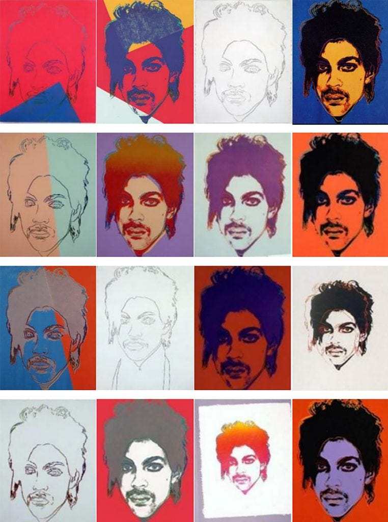 The 16 silkscreens and drawings in Andy Warhol's "Prince Series," based on Lynn Goldsmith's photograph of the musician, are the subject of a copyright lawsuit being heard by the U.S. Supreme Court. Courtesy of the Supreme Court of the United States.