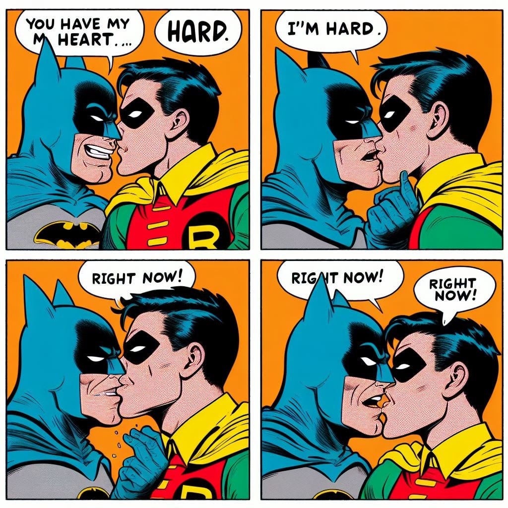 May be pop art of Superman and text that says 'YOU HAVE MY HEART.... HaRD. I"M HARD RIGHT NOW! RIGANT NOW! RIGHT NOW!'