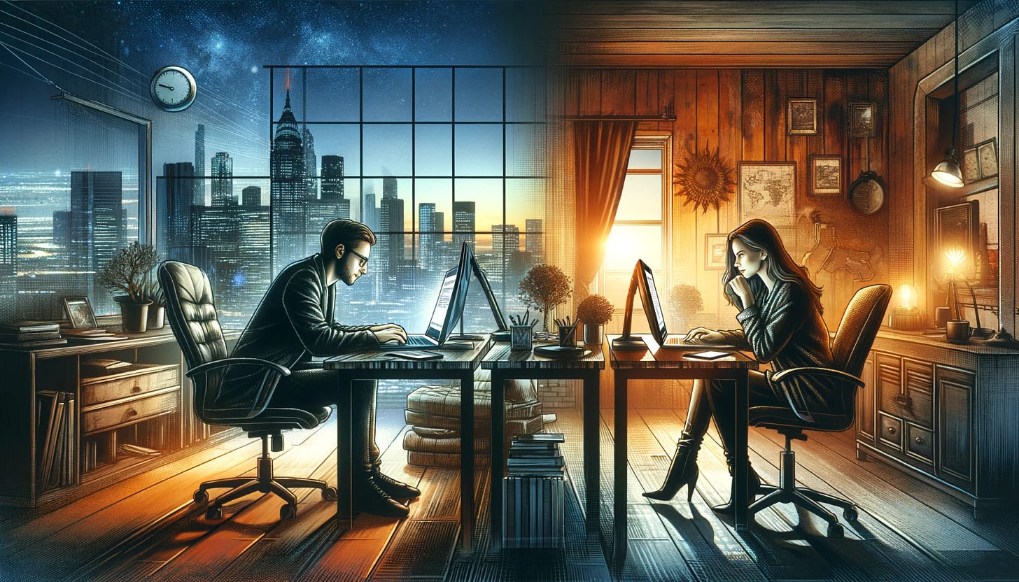 An artistic depiction of two people in different parts of the world engaging in a productive debate over the internet. The first person is sitting in a modern, well-lit home office with a large window showing a city skyline, intently typing on a laptop. The second person is in a cozy, rustic room with wooden walls and a fireplace, also focused on their laptop. The background should subtly indicate different time zones, like night in the city and daytime in the rustic room. The scene should capture a sense of global connection and intellectual exchange.