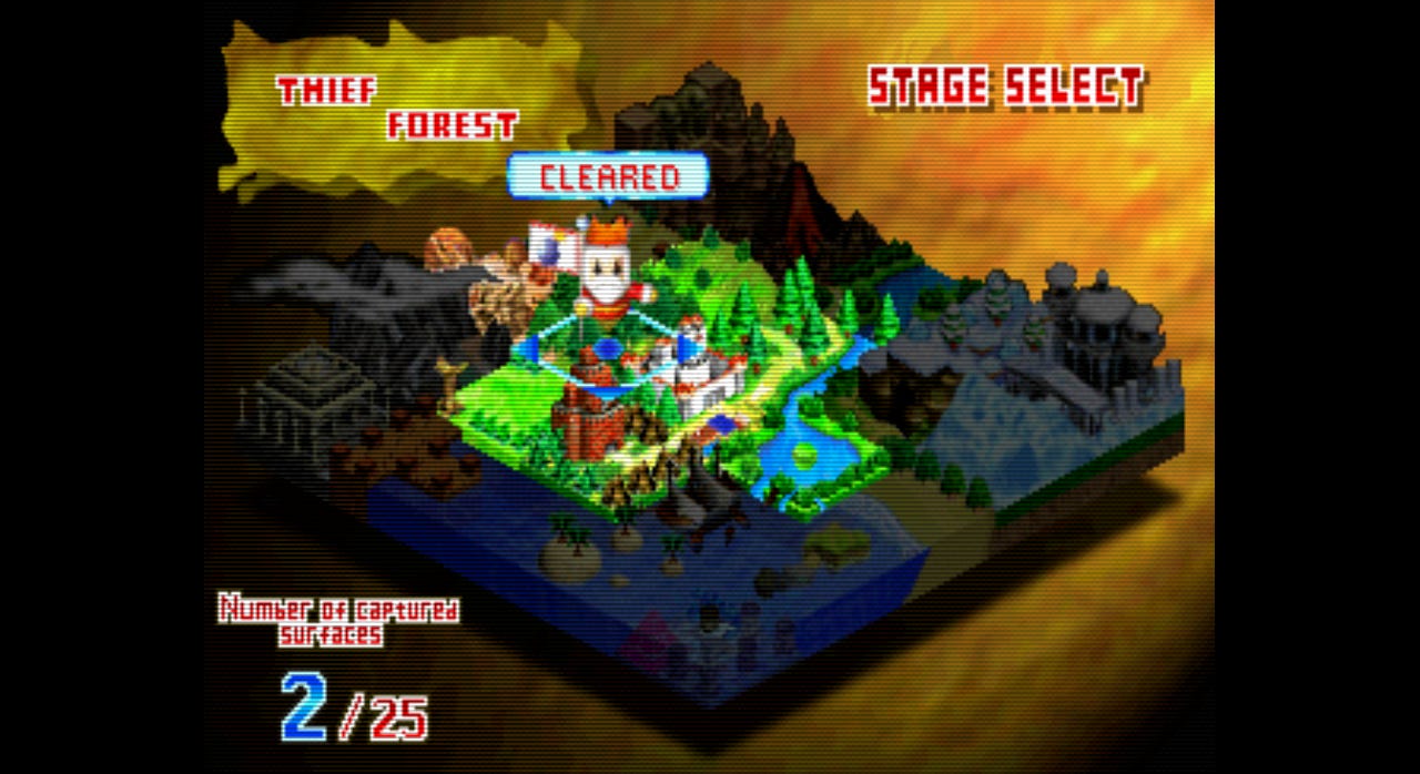 A screenshot of the stage selection screen, with the Bomber King planting a flag on a "Cleared" Thief Forest. The adjacent stage is now colored rather than grayed out, signaling you can access it.