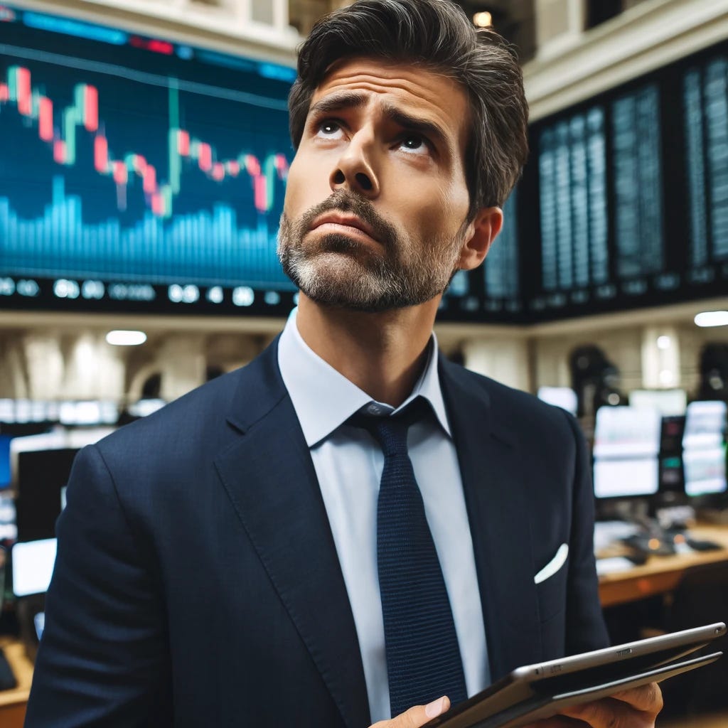 A stock market investor standing in a trading room, looking contemplative with a doubtful expression. The investor is a middle-aged Caucasian man, wearing a formal blue suit and tie, holding a tablet displaying stock charts. His eyebrows are furrowed and lips slightly pursed as he looks up, appearing to be deep in thought. The background features multiple screens showing financial data and a bustling trading floor atmosphere.