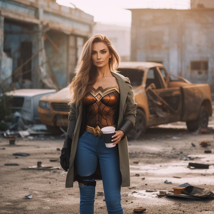 A beautiful superhero standing in a war-torn city street holding a cup of coffee.