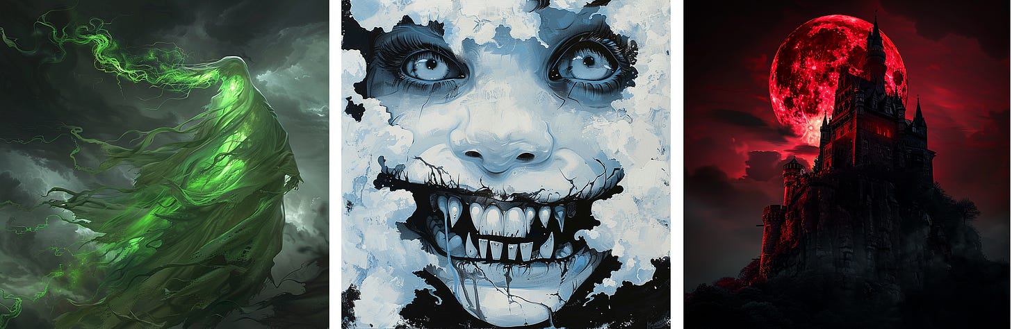 Gauzy sheet ghost | Insane vampire girl with sharp teeth | Malignant dark castle of Sin