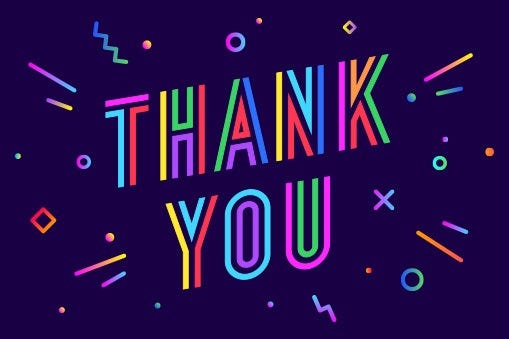 Thank You in bold mixed colors over dark blue background