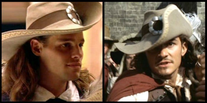 Muszkieter ("D'Artagnan", 2001 rok) czy pirat ("Piraci z Karaibów: Klątwa Czarnej Perły", 2003 rok) - kapeluszowi nie robi to różnicy.