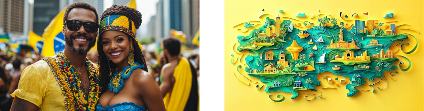 Two-part image: the left side features a smiling couple dressed in vibrant carnival attire with beaded jewelry, posing together amidst a festive crowd with flags and city buildings in the background. The right side shows a colorful, intricate 3D map illustration depicting iconic landmarks, nature, and cultural elements of a tropical region, set against a bright yellow background, symbolizing celebration and heritage.