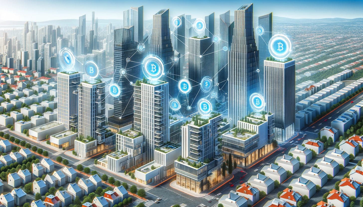 Illustrate RedSwan CRE's $4 billion real estate tokenization deal with a more contemporary and realistic style. The image should feature modern, high-value properties such as skyscrapers, office buildings, and luxury residential complexes. Each property is subtly connected to digital tokens, represented by small, elegant symbols near the buildings, signifying the use of blockchain technology in the tokenization process. The tokens should not be overly futuristic but rather integrated seamlessly into the current real estate landscape. The background can include a city skyline, conveying the scope and scale of the investment opportunities. The overall appearance should be professional, sophisticated, and reflective of today's real estate market while subtly incorporating the innovative aspect of tokenization.