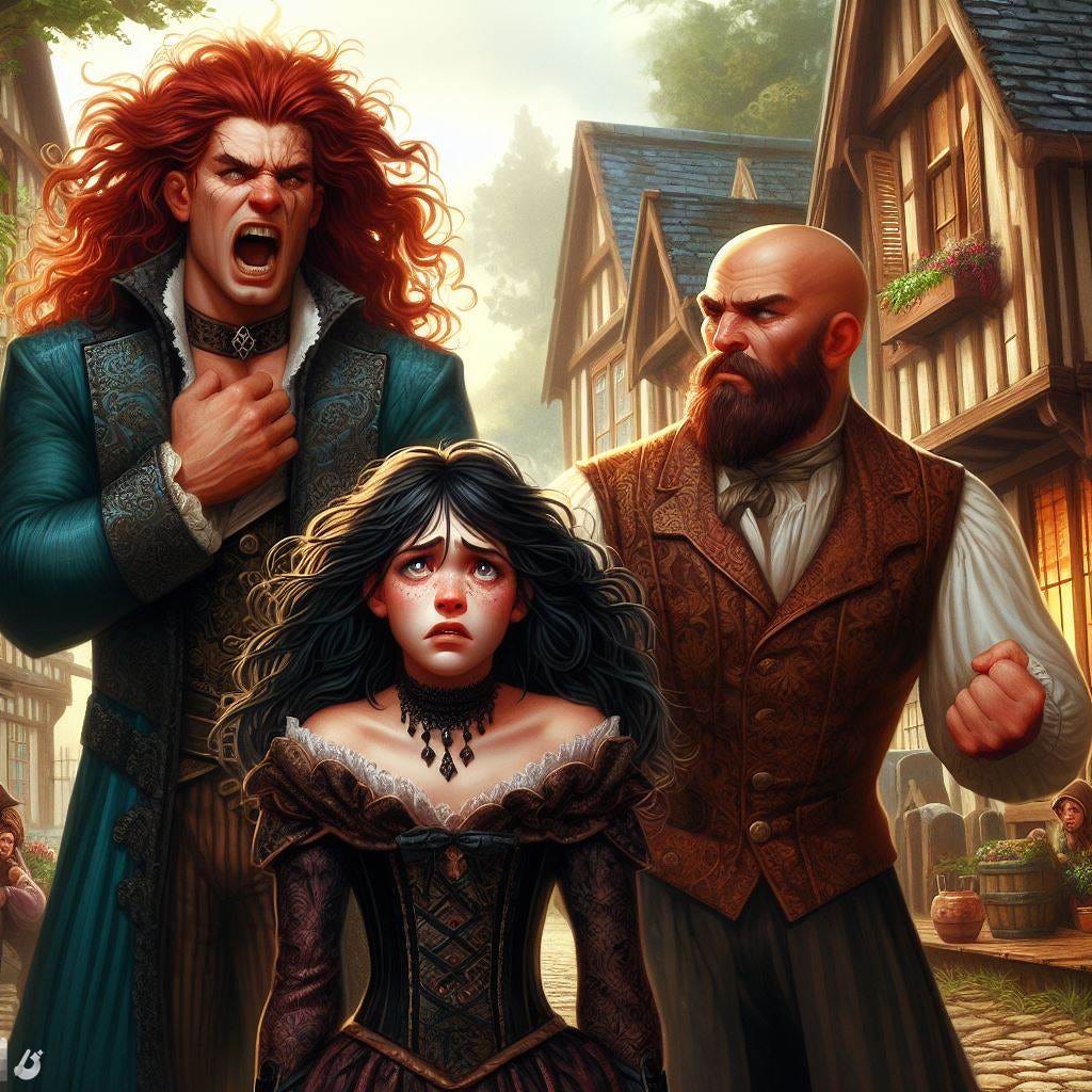 angry male human with wild red hair, and balding male human bully, and a teary-eyed thirteen year old girl with black hair in upscale medieval dress, in a woodland town, D&D fantasy art