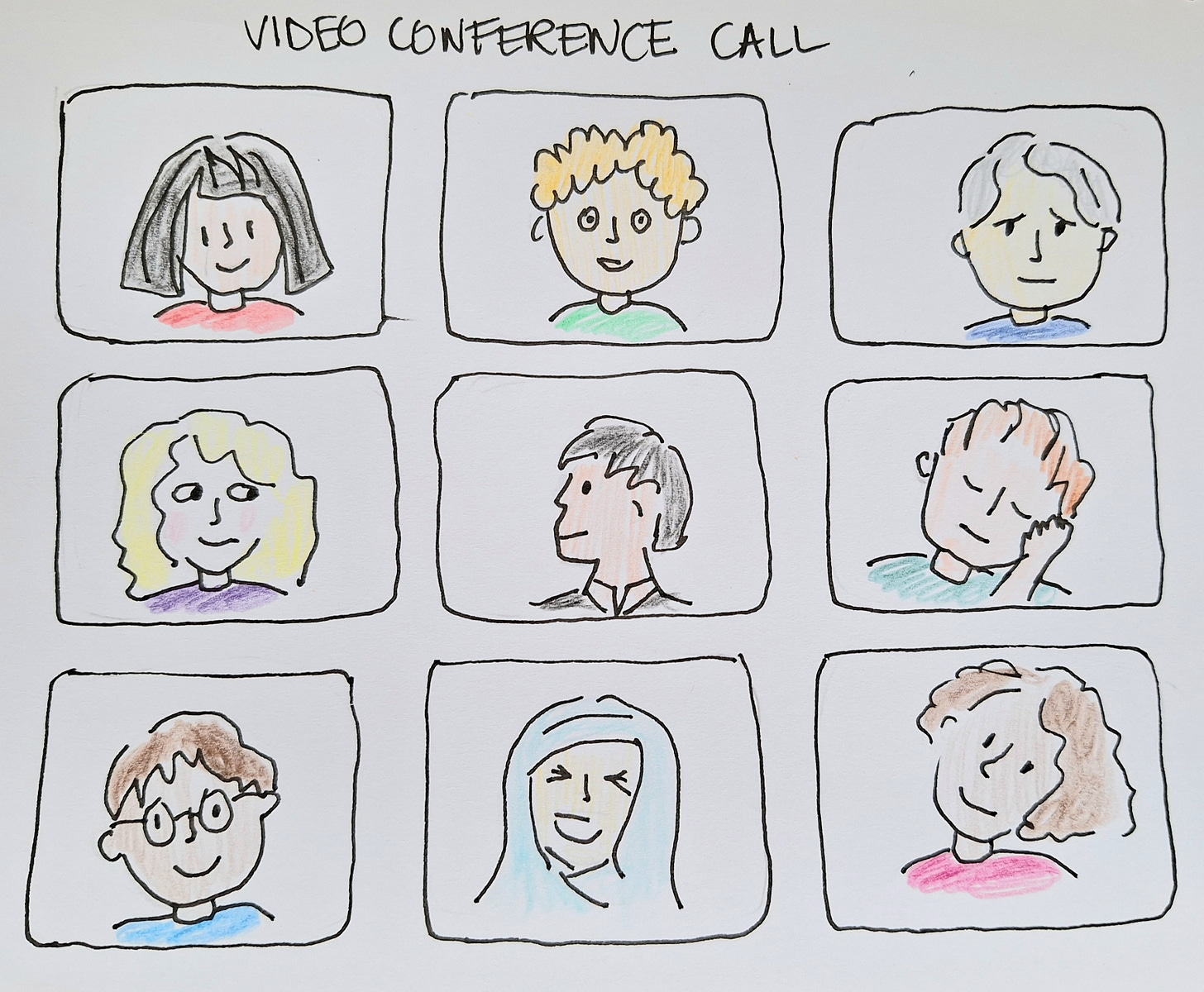 Cartoon sketch of a diverse group of people on a conference call.  Each has a different expression and body language.