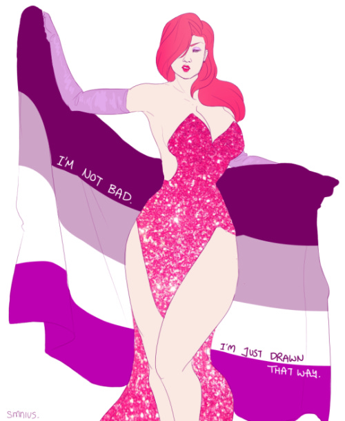 A drawing of Jessica Rabbit, her sequined dress sparkling, holding an asexual pride flag. On the flag is written "I'm not bad, I'm just drawn that way."