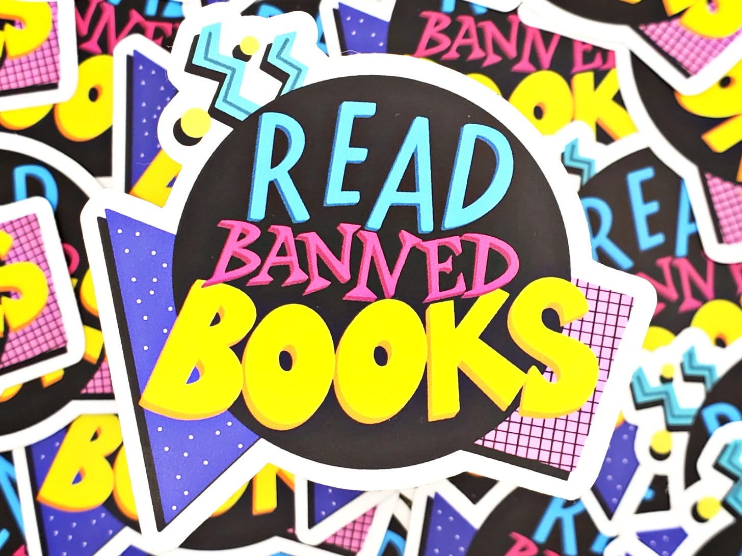 read banned books sticker in the style of Saved By The Bell's logo. 
