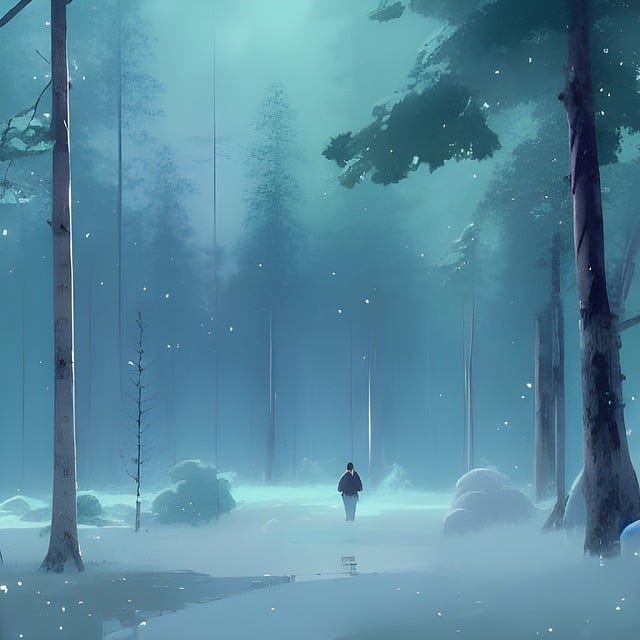 Graphic of person walking in winter woods