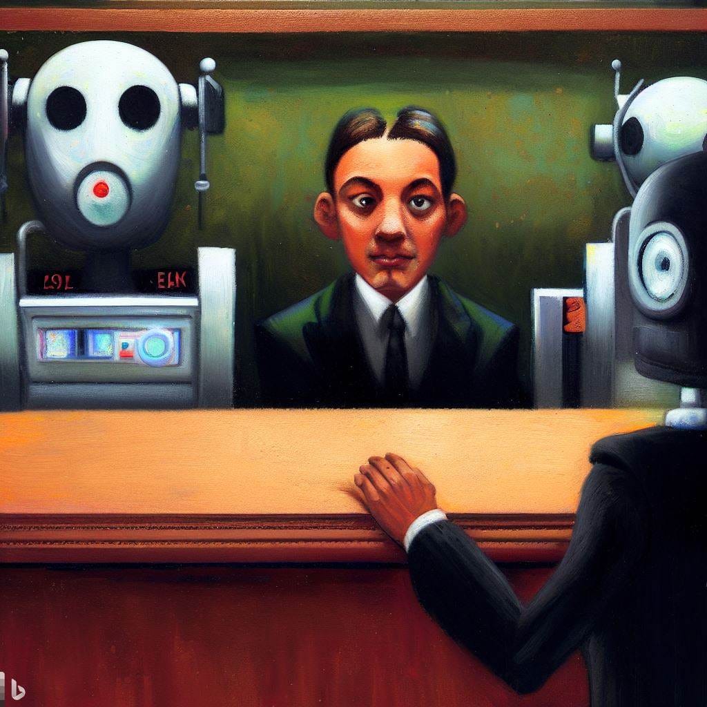 A painting of a male banker sitting between two robots. The man is uncomfortable, eyeing the robots.