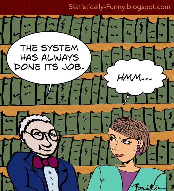 Two people in a library. The old white man with glasses and a bowtie smiling comfortably, says, "The system has always done its job." The young white woman is frowning, and thinking, "Hmmm...." (Cartoon by Hilda Bastian)
