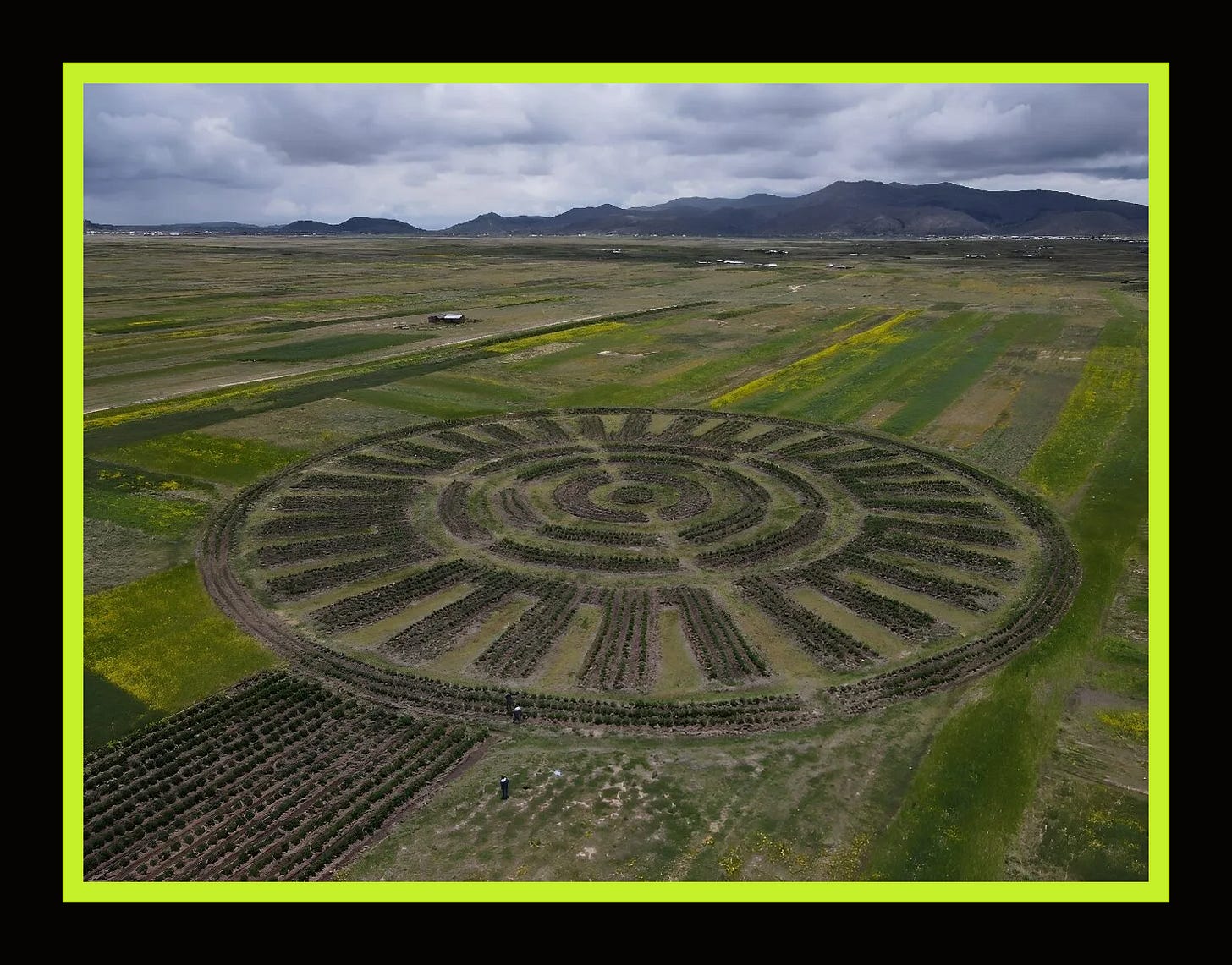 An aerial view shows a pre-Hispanic agricultural system called Waru Waru, in a field in the Acora district in Puno, Peru, on February 6, 2024.