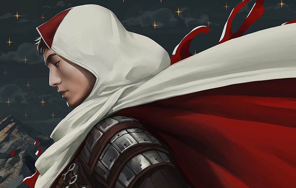 A profile illustration of Aeduan with his white cloak lined with red and shoulder armor. A night sky shines behind him