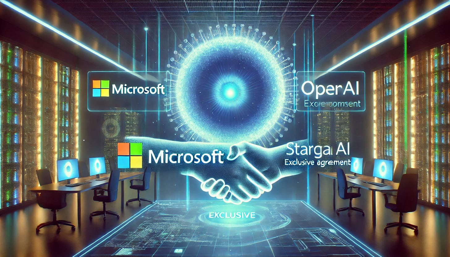 A 16:9 futuristic illustration representing Microsoft's exclusive partnership with OpenAI amid the Stargate AI developments. The scene features a handshake hologram between Microsoft and OpenAI logos, glowing prominently in the foreground. In the background, a massive Stargate-like AI datacenter radiates vibrant blue and green lights, symbolizing cutting-edge technology. Surrounding the scene are holographic charts and exclusive agreement documents, emphasizing the partnership's significance. The overall atmosphere is futuristic and innovative, showcasing collaboration and technological dominance.