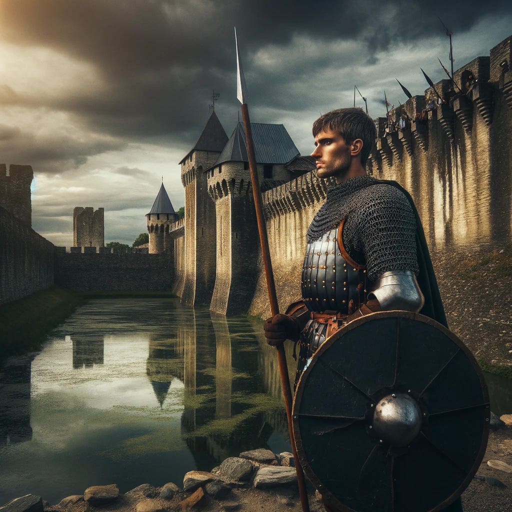 A photograph of a medieval soldier, protected from his enemies by a castle's moat. The soldier, a young man in historical armor, stands alert and vigilant on the castle walls. He is gazing into the distance, holding a spear, with a shield by his side. The moat in the foreground is wide and deep, filled with water, acting as a formidable barrier against invaders. The background features the imposing stone walls of the castle, with battlements and towers, set against a cloudy sky. The lighting is dramatic, with the sky casting a moody ambiance over the scene. The photograph is taken with a DSLR camera, using a 70mm lens, f/4.5 aperture, 1/320s shutter speed, and ISO 400, capturing the historical essence and strategic importance of the moat in medieval warfare.